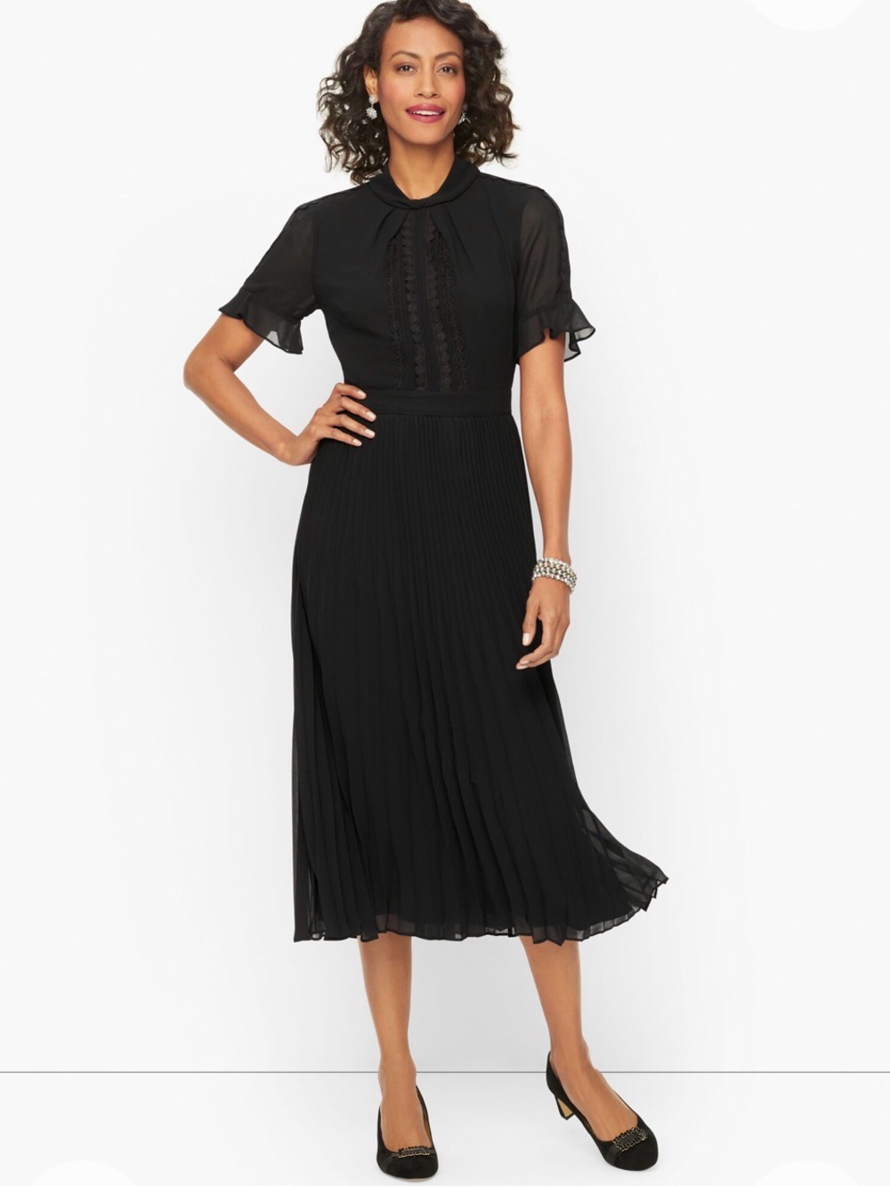 Talbots Elegant Black Midi Pleated Dress